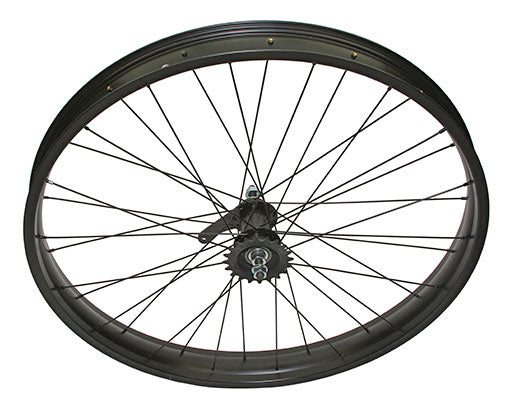 26 X 3.00 FAT ALLOY COASTER WHEEL 36 SPOKE 14GBLACK 3/8 AXLE SINGLE WALL BLACK, CHROME SPROCKET HUB